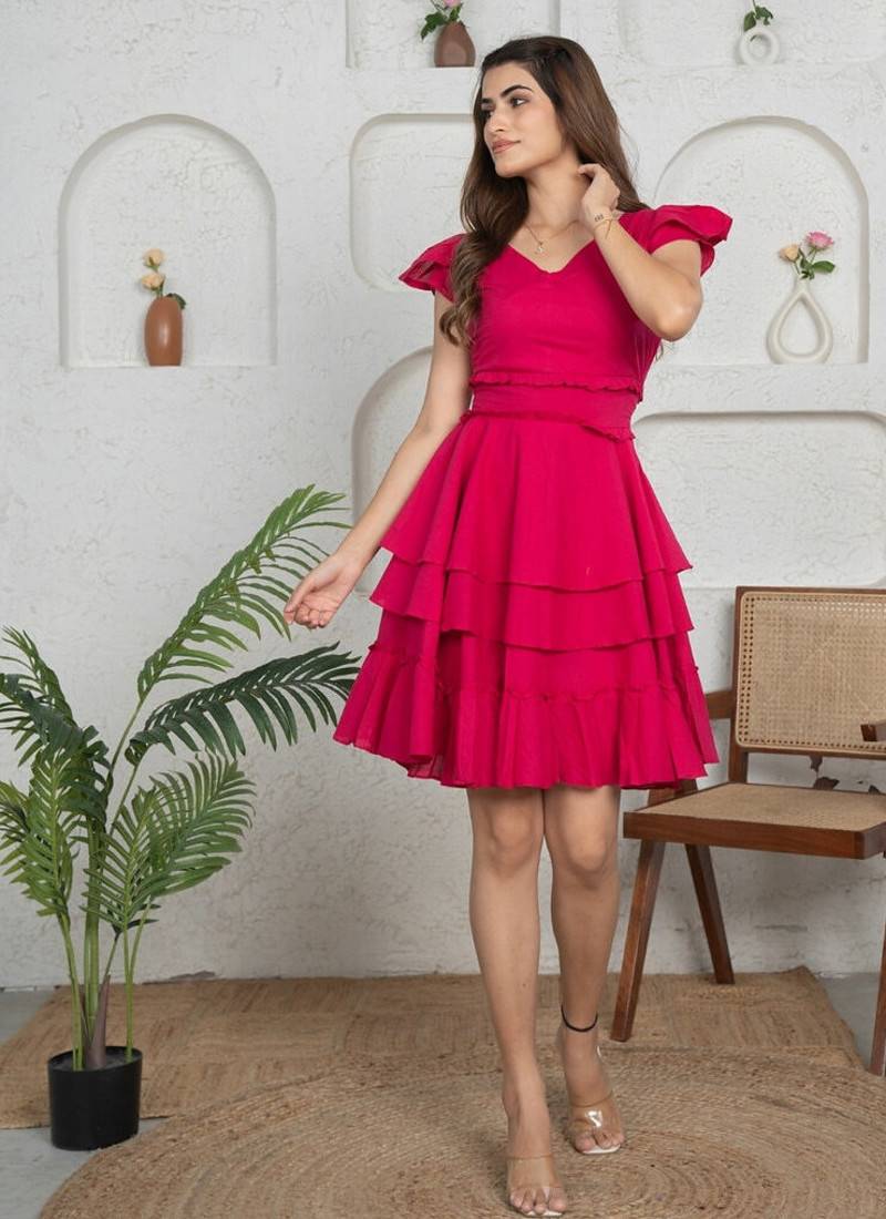Magenta solid cotton layered fit & flare dress for women