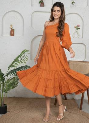 Brown solid cotton one-shoulder a-line dress for women 1