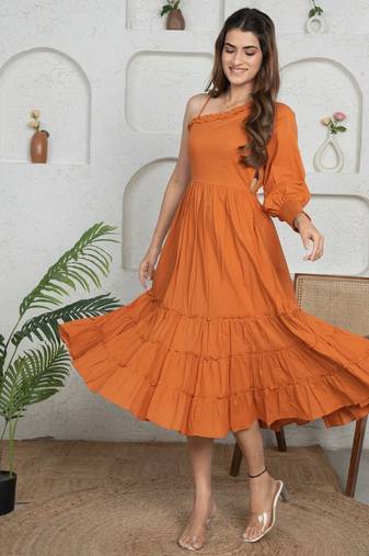 Brown solid cotton one-shoulder a-line dress for women