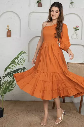 Brown solid cotton one-shoulder a-line dress for women