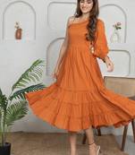 Brown solid cotton one-shoulder a-line dress for women