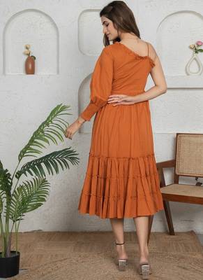 Brown solid cotton one-shoulder a-line dress for women 2