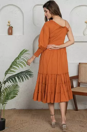 Brown solid cotton one-shoulder a-line dress for women