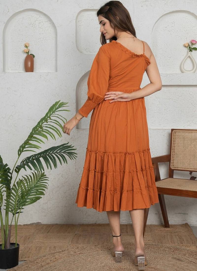 Brown solid cotton one-shoulder a-line dress for women