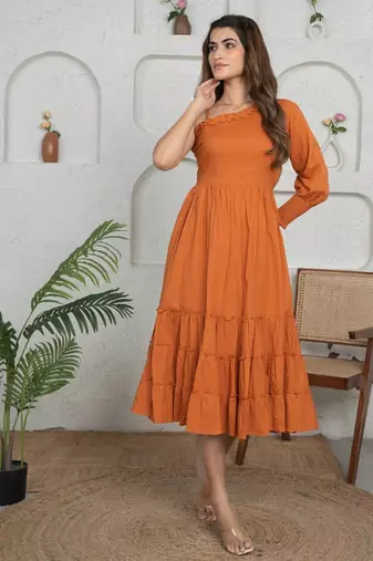 Brown solid cotton one-shoulder a-line dress for women