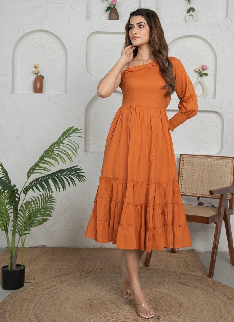 Brown solid cotton one-shoulder a-line dress for women