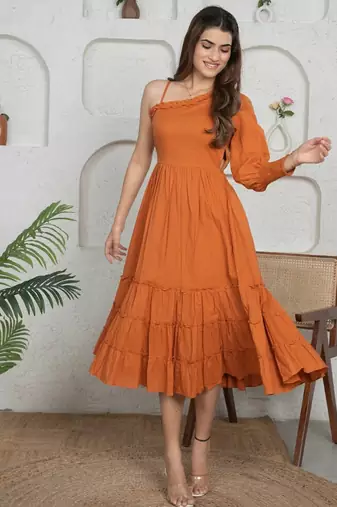 Brown solid cotton one-shoulder a-line dress for women