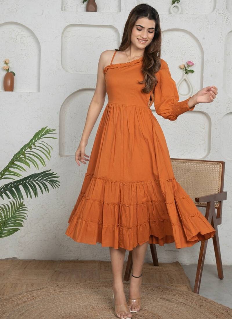 Brown solid cotton one-shoulder a-line dress for women