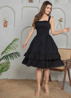 Black solid cotton fit & flare dress for women 1