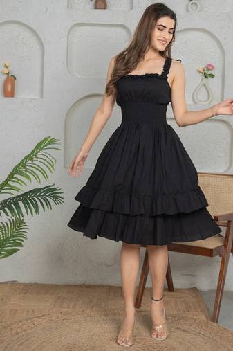 Black solid cotton fit & flare dress for women