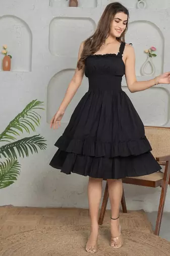 Black solid cotton fit & flare dress for women