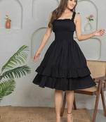 Black solid cotton fit & flare dress for women