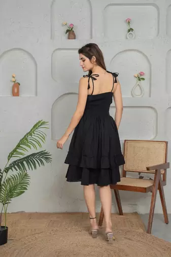 Black solid cotton fit & flare dress for women