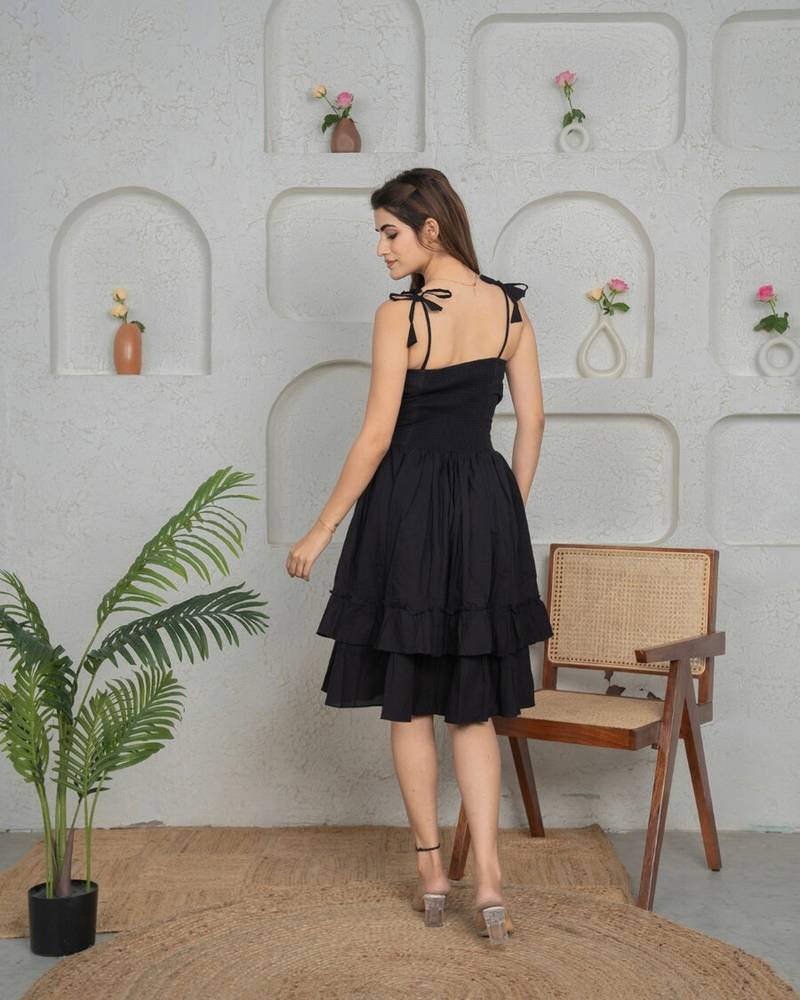 Black solid cotton fit & flare dress for women