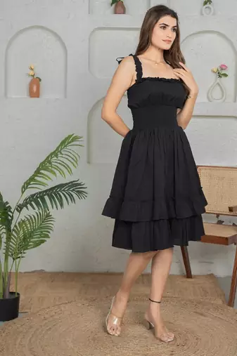 Black solid cotton fit & flare dress for women