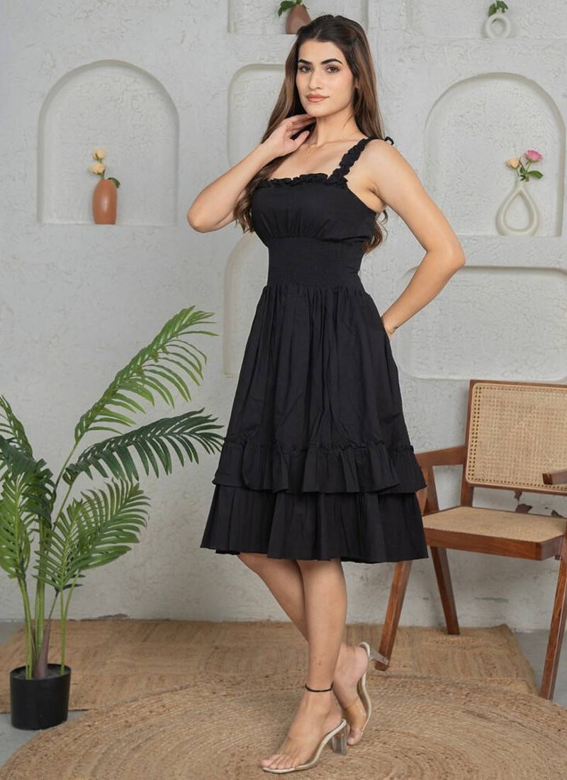 Black solid cotton fit & flare dress for women