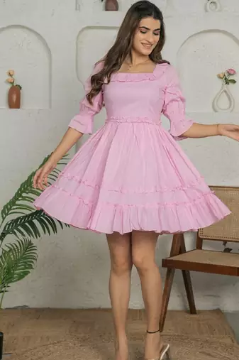 Pink solid cotton tiered dress for women