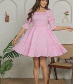 Pink solid cotton tiered dress for women