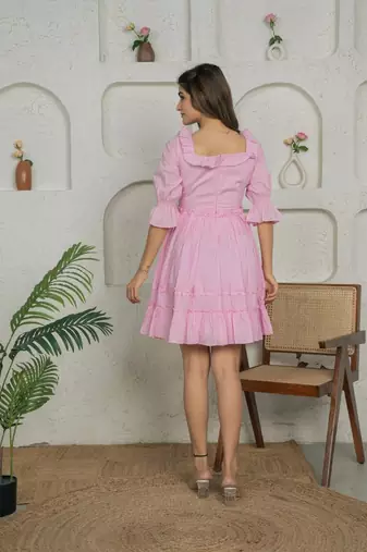 Pink solid cotton tiered dress for women