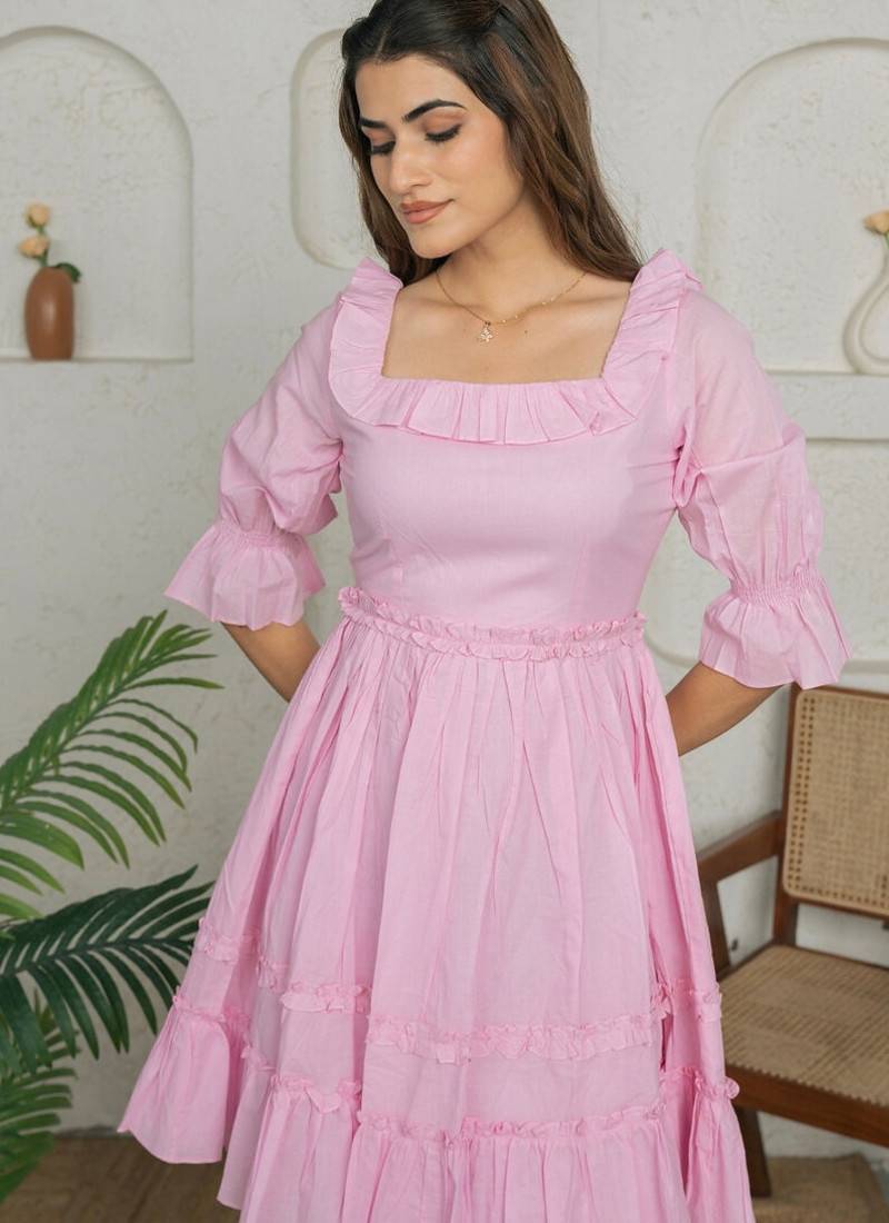 Pink solid cotton tiered dress for women