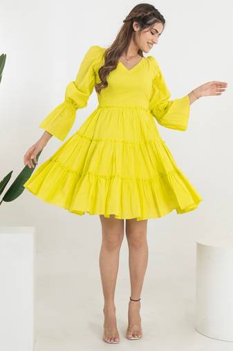 Lime green solid cotton fit & flare dress for women