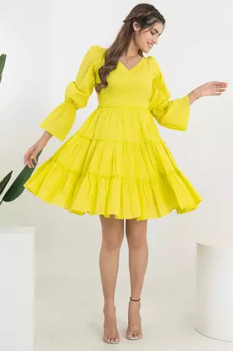 Lime green solid cotton fit & flare dress for women