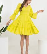 Lime green solid cotton fit & flare dress for women