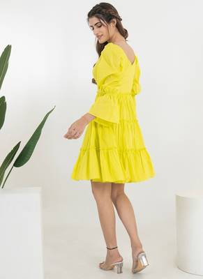Lime green solid cotton fit & flare dress for women 2