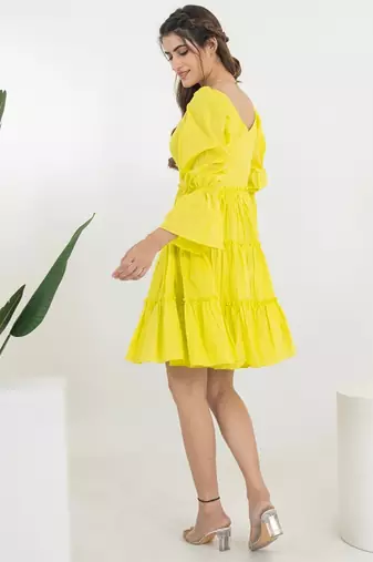 Lime green solid cotton fit & flare dress for women