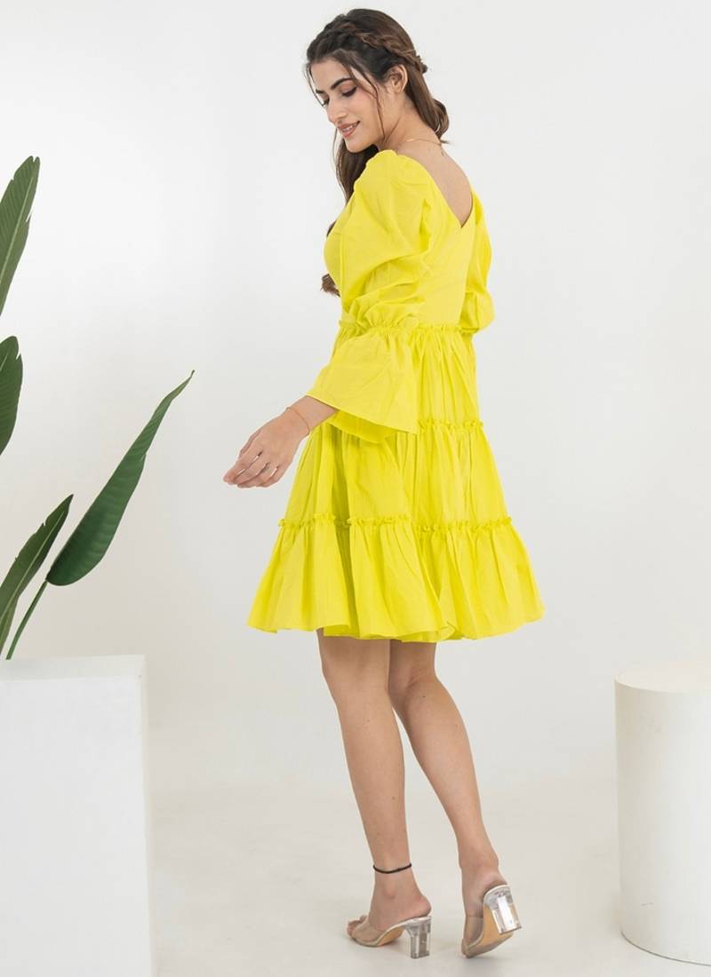 Lime green solid cotton fit & flare dress for women