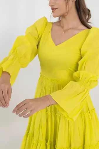 Lime green solid cotton fit & flare dress for women