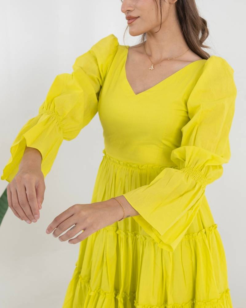 Lime green solid cotton fit & flare dress for women