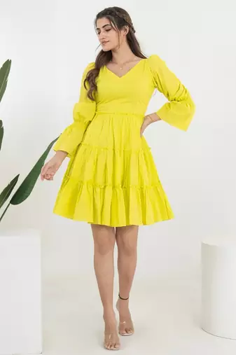 Lime green solid cotton fit & flare dress for women