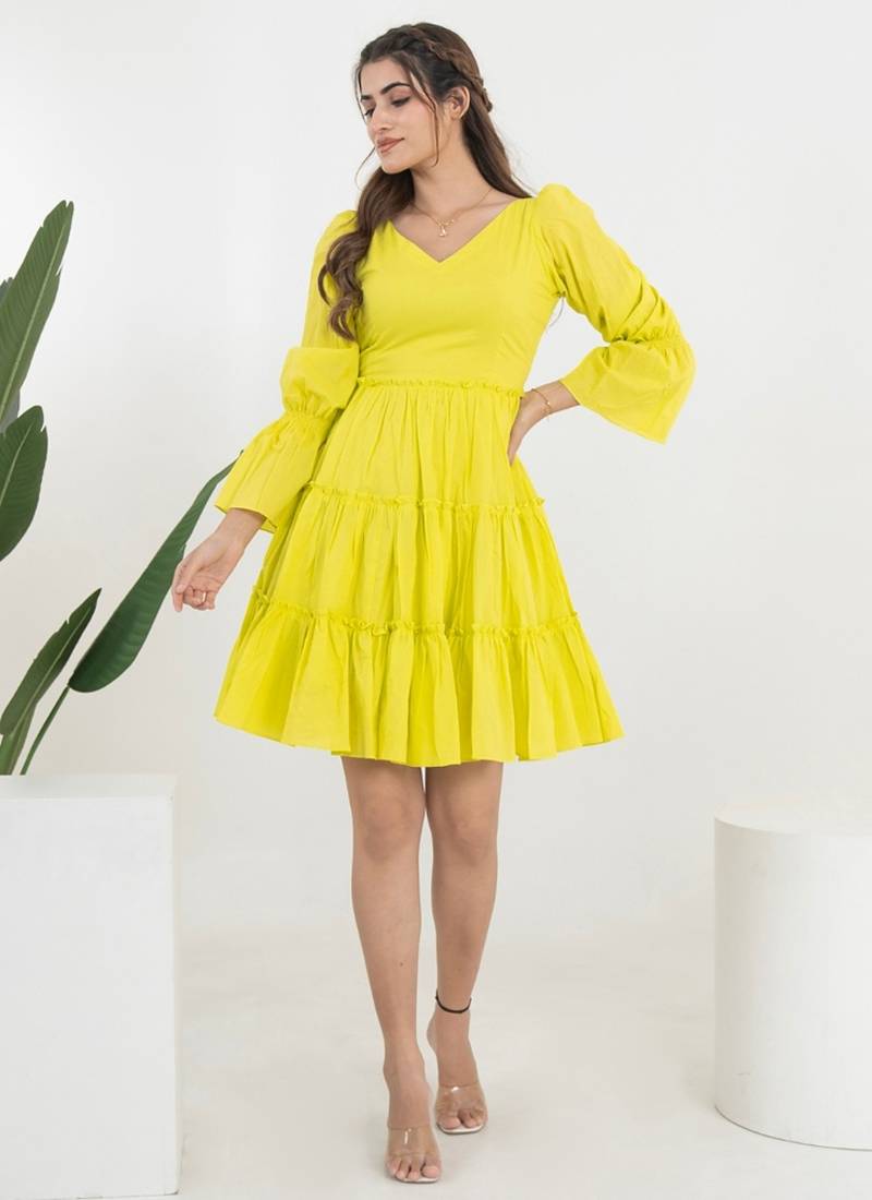 Lime green solid cotton fit & flare dress for women