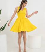 Yellow solid cotton fit & flare dress for women