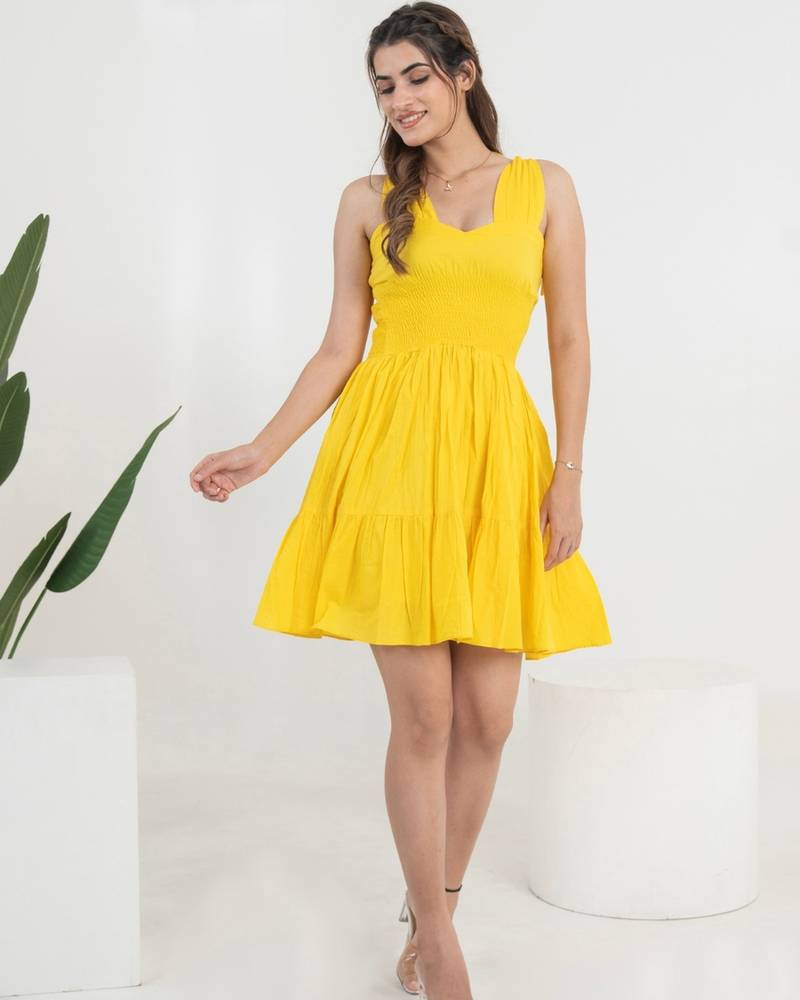 Yellow solid cotton fit & flare dress for women