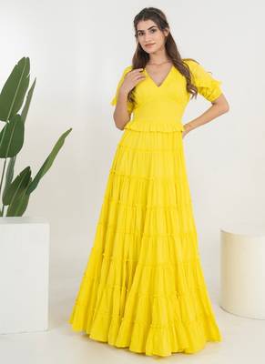 Yellow solid cotton tiered dress for women 1