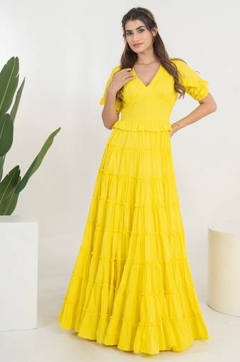 Yellow solid cotton tiered dress for women