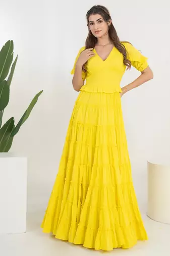 Yellow solid cotton tiered dress for women