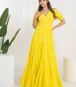 Yellow solid cotton tiered dress for women