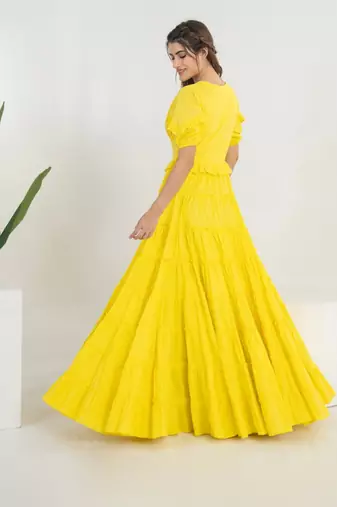Yellow solid cotton tiered dress for women