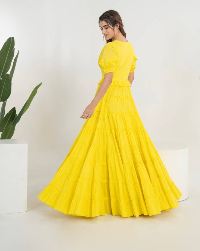 Yellow solid cotton tiered dress for women