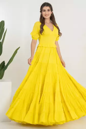 Yellow solid cotton tiered dress for women
