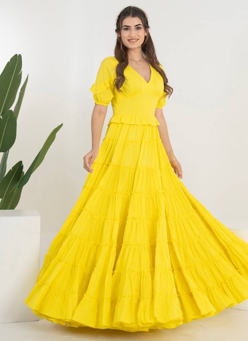 Yellow solid cotton tiered dress for women