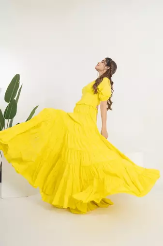 Yellow solid cotton tiered dress for women