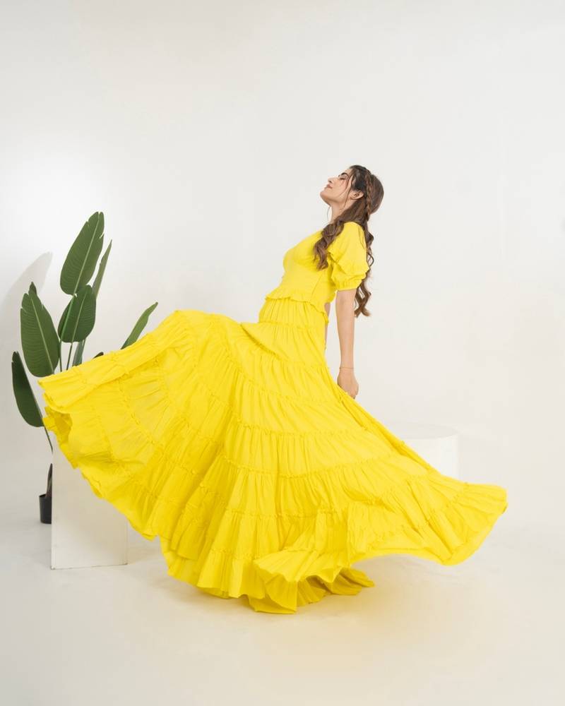 Yellow solid cotton tiered dress for women