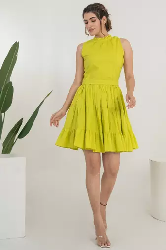 Lemon green solid cotton tiered fit & flare dress for women
