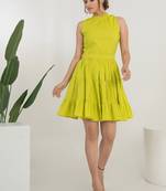 Lemon green solid cotton tiered fit & flare dress for women