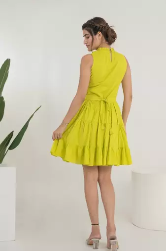 Lemon green solid cotton tiered fit & flare dress for women