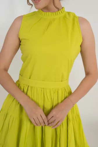 Lemon green solid cotton tiered fit & flare dress for women